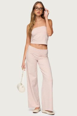 Lilah Striped Fold Over Wide Leg Pants - Cotton Polyester Spandex