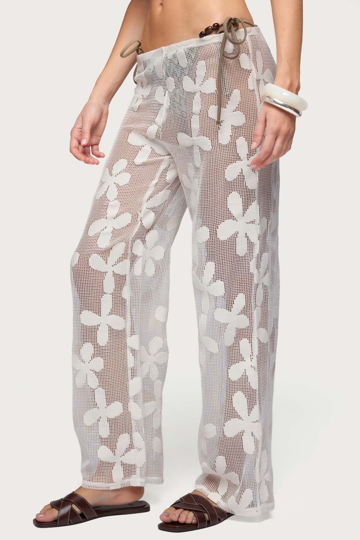 Candace Floral Textured Sheer Pants - Polyester Cotton Elastic Waistband Size S Inseam 30.5in