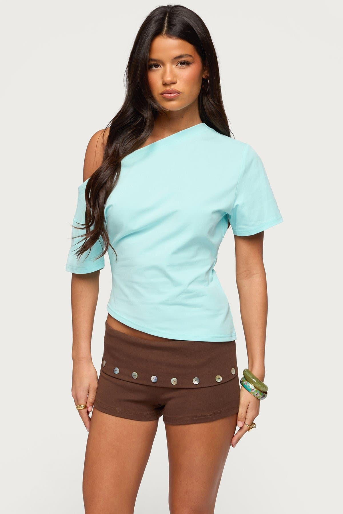 Mariee Asymmetric Off Shoulder Top - Short Sleeve Cotton Spandex