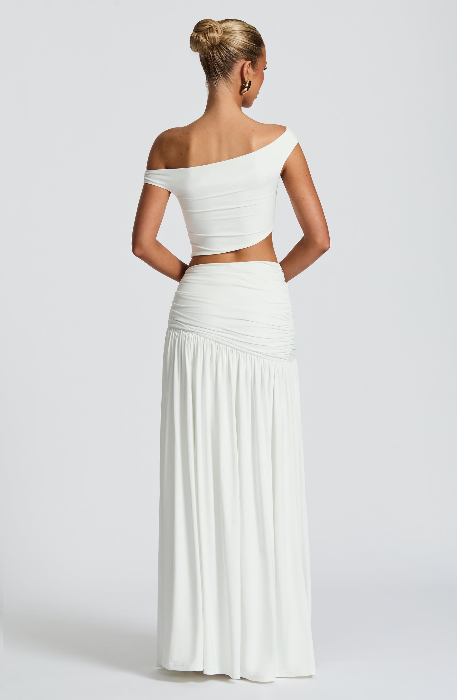 Saira White Maxi Skirt Slinky Jersey Mid-Rise Thigh-High Split with Ruched Panel