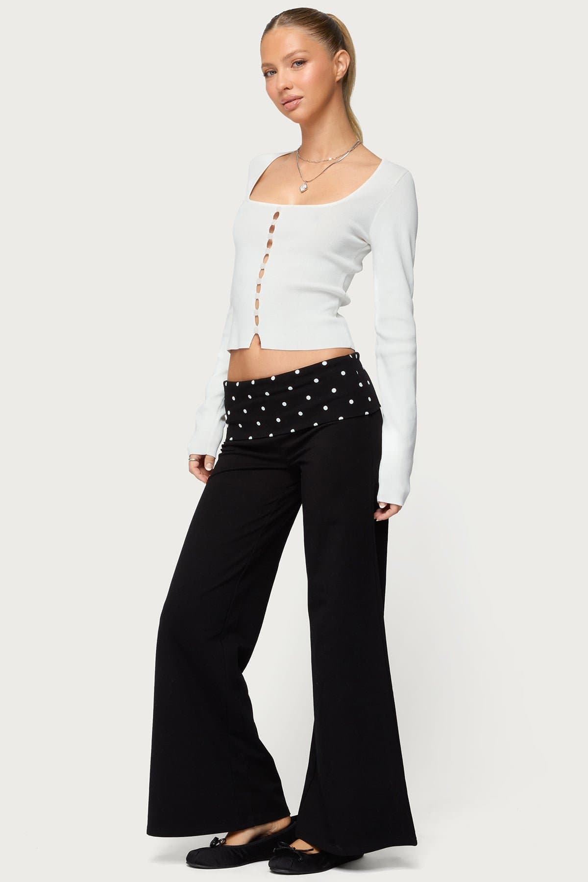 Petite Reeva Polka Dot Foldover Wide Leg Pants - Cotton Spandex