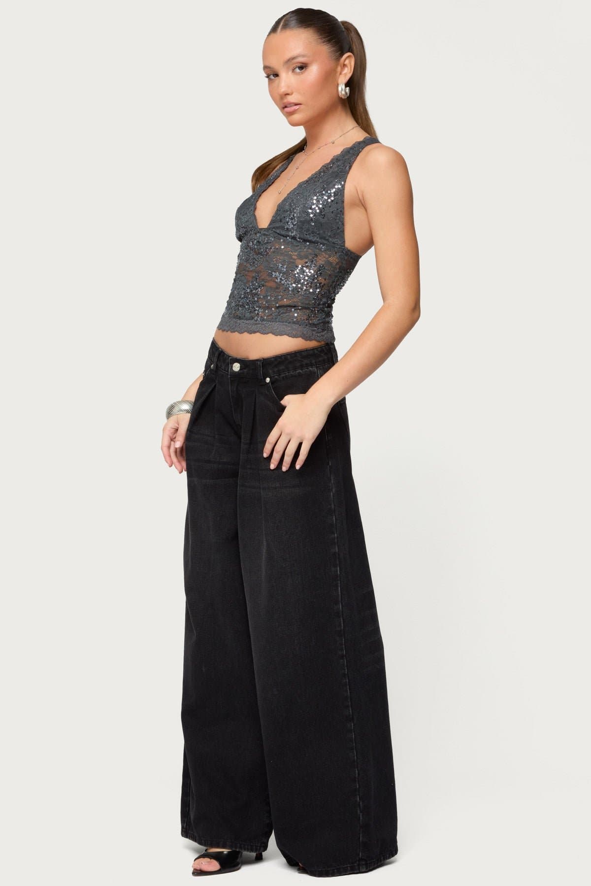 Isabela Sequin Sheer Lace Tank Top - Nylon Spandex Plunging Neckline