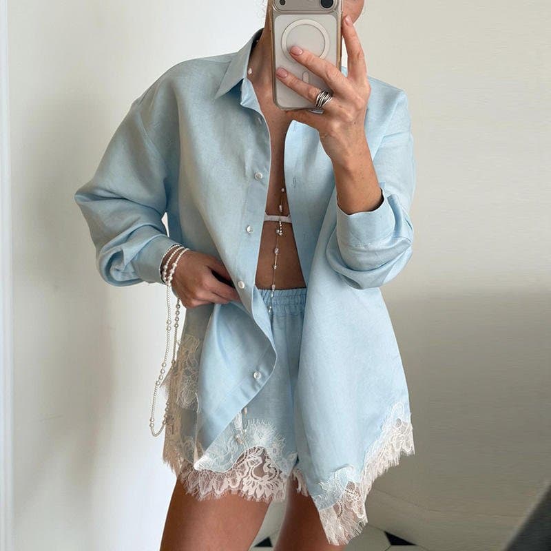 Linen Shirt & Lace Trim Shorts Set – Oversized Button Down Two Piece in Multiple Colors S-XXL