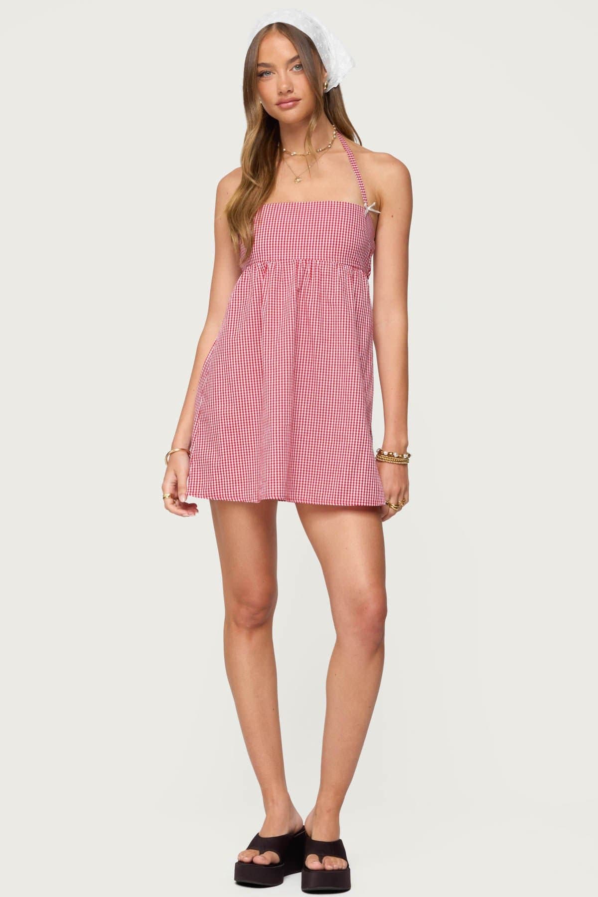 Rina Gingham Halter Mini Dress - 100% Cotton with Neck Tie Bow Detailing