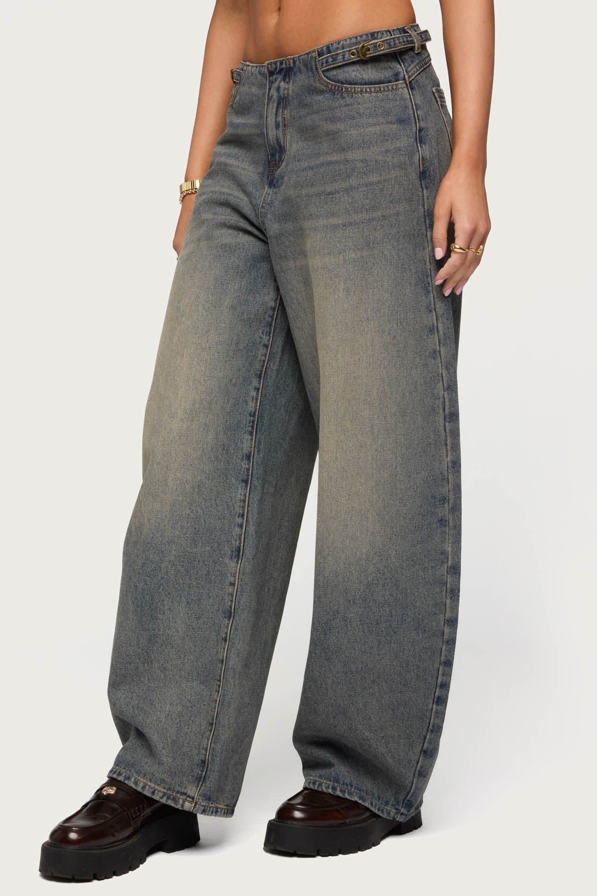 Side Belt Low Rise Barrel Jeans 100% Cotton Rigid Denim Women's Size S Inseam 29.9"