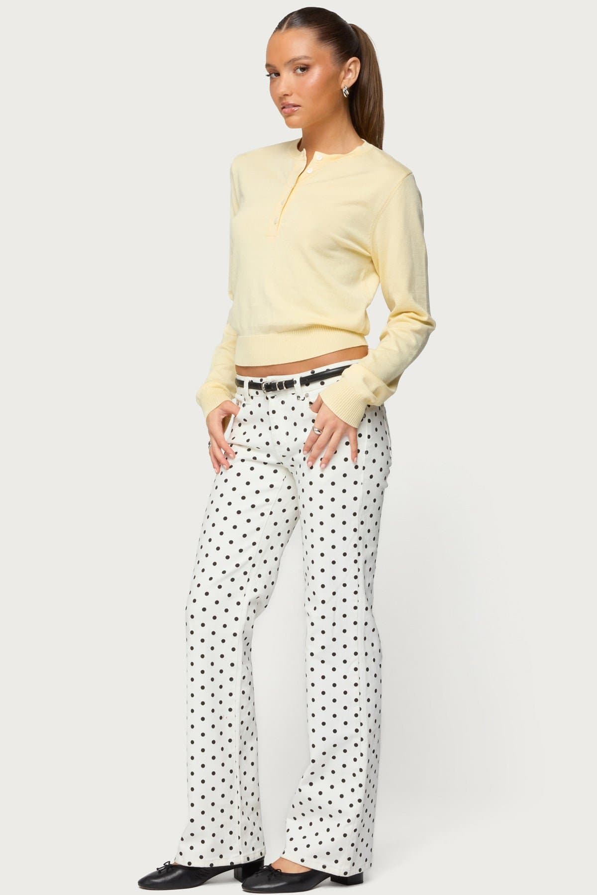 Yolana Henley Light Knit Sweater - Polyester Rayon Button Detail Ribbed Trim