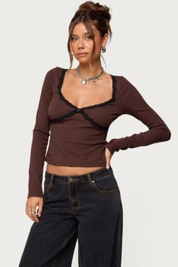 Porta Contrast Lacey Long Sleeve Top - Sweetheart Neckline Cotton Spandex