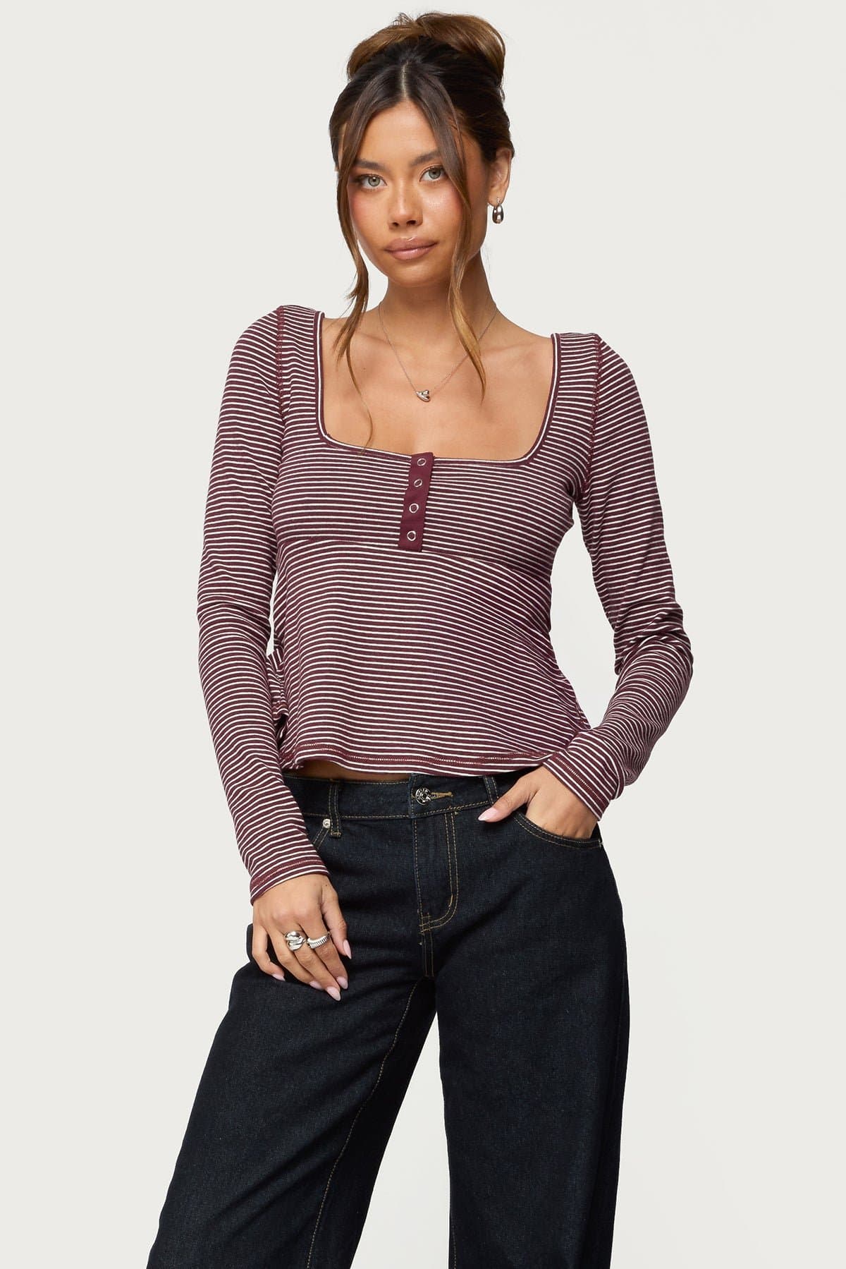 Sare Striped Babydoll Henley Top - Long Sleeve Square Neck Cotton Polyester Spandex
