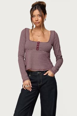 Sare Striped Babydoll Henley Top - Long Sleeve Square Neck Cotton Polyester Spandex