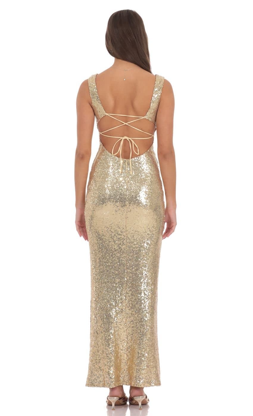 Sequin Square Neck Fitted Maxi Dress in Gold