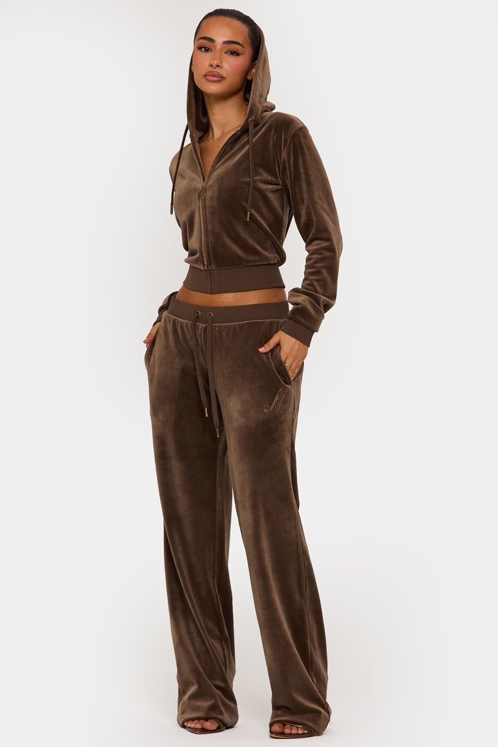 Khaki Velour Plush Jogger Pants with MM Hotfix Studs - 95% Polyester 300GSM