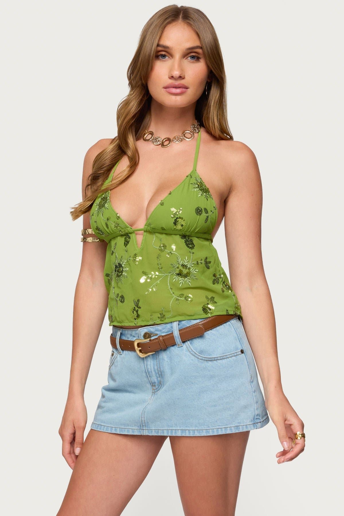 Kiki Sequin Floral Chiffon Halter Top - Plunging V-Neck, Polyester Spandex