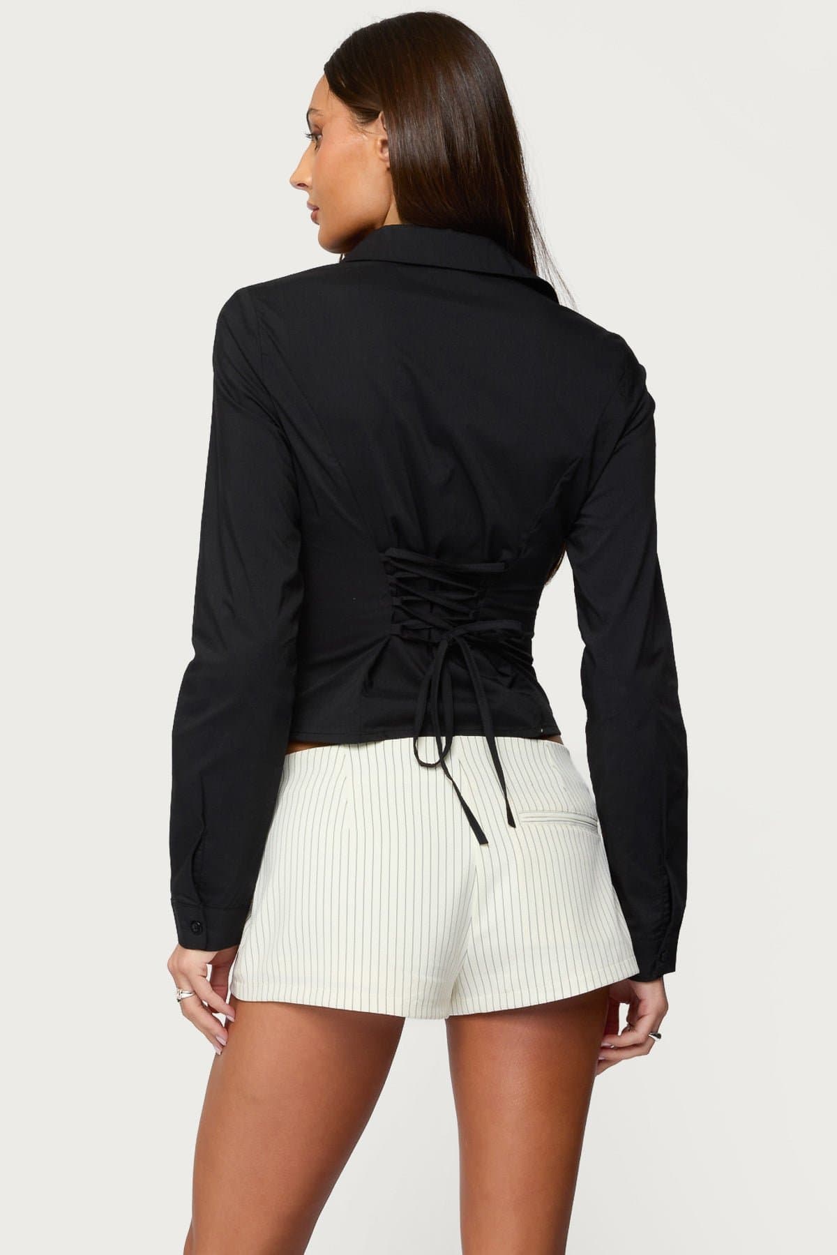 Amelie Lace Up Button Up Shirt - Boned Bodice Cinched Waist Cotton Polyester Spandex