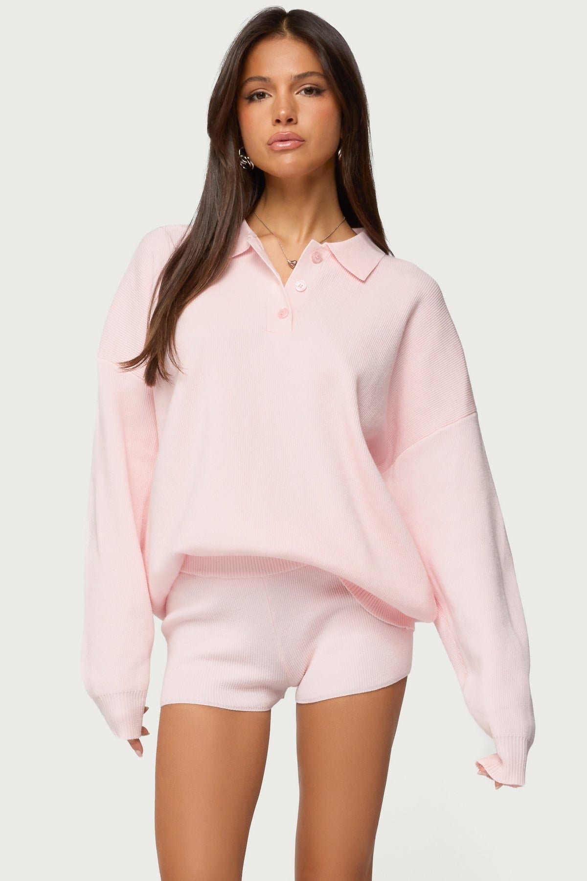 Lorie Oversized Knit Polo Sweater - Acrylic Polyester Nylon Rugby Shirt Button Up