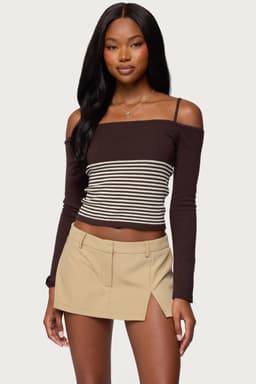 Darya Striped Off Shoulder Long Sleeve Knit Top - Rayon Nylon Polyester