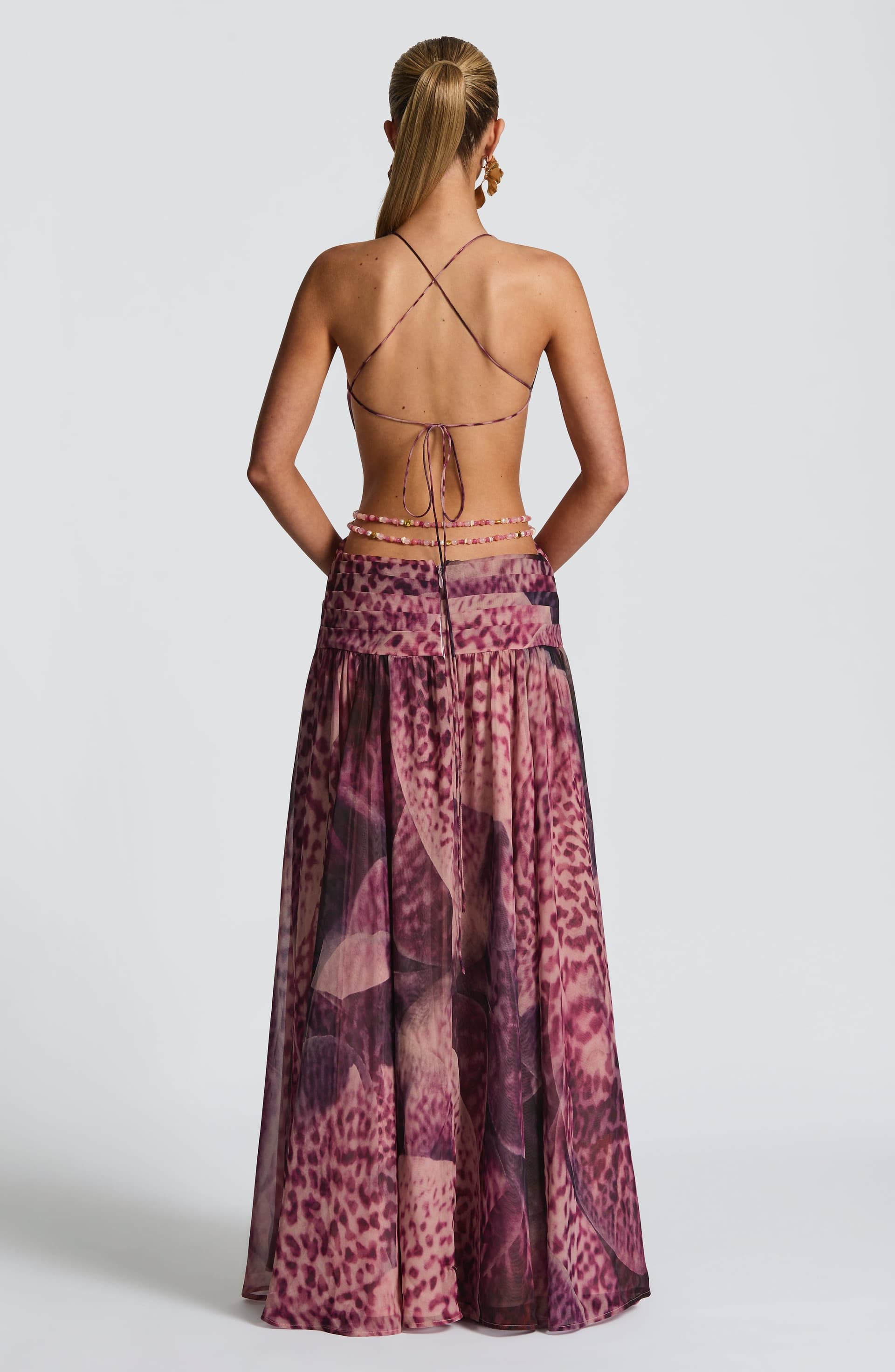 Indianna Maxi Dress Magenta Orchid Print Chiffon Plunge Neckline Backless