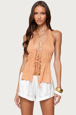 Sequin Knit Split Front Backless Halter Top - Reversible Neck Tie