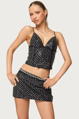 Jenny Beaded Mesh Boned Top - Adjustable Straps, Side Zip, Polyester Spandex