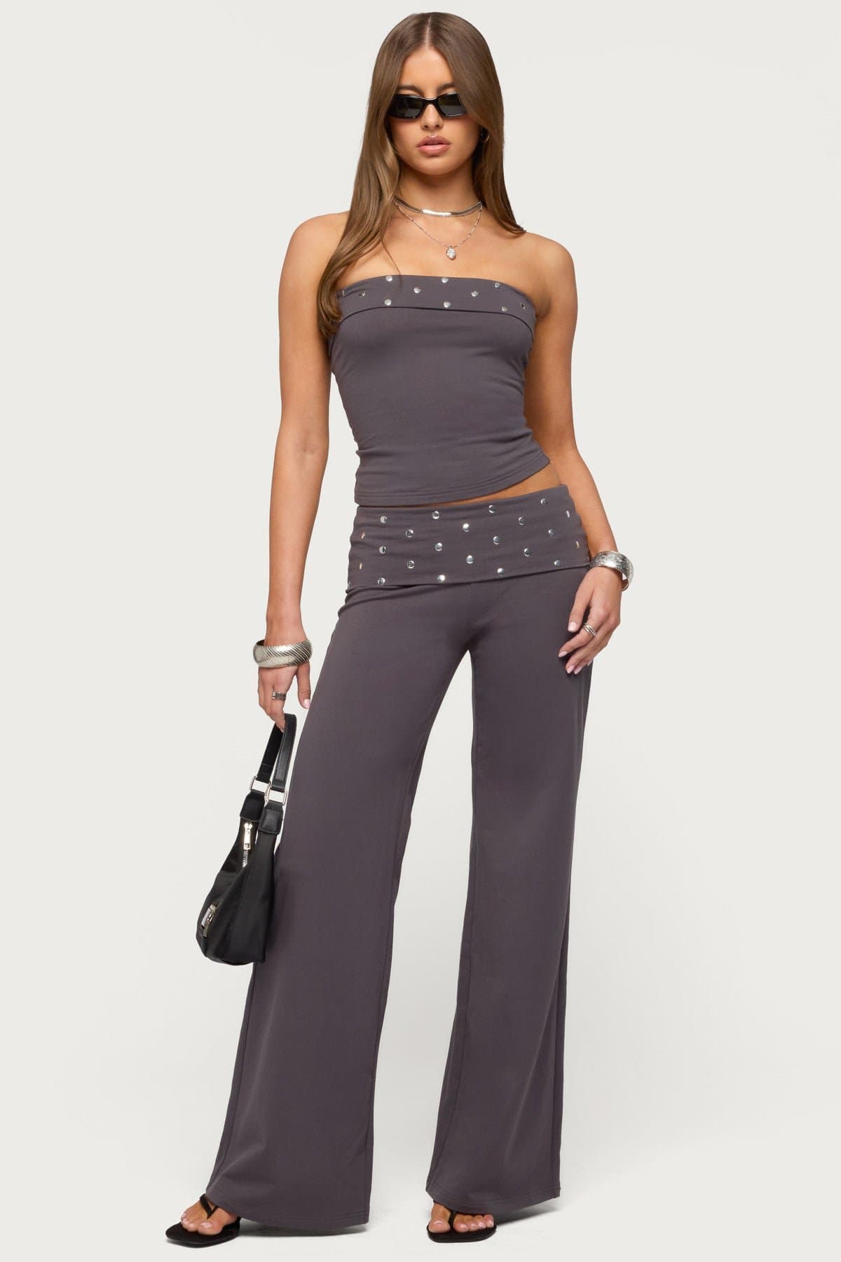 Breanna Studded Foldover Tube Top - Cotton Polyester Spandex