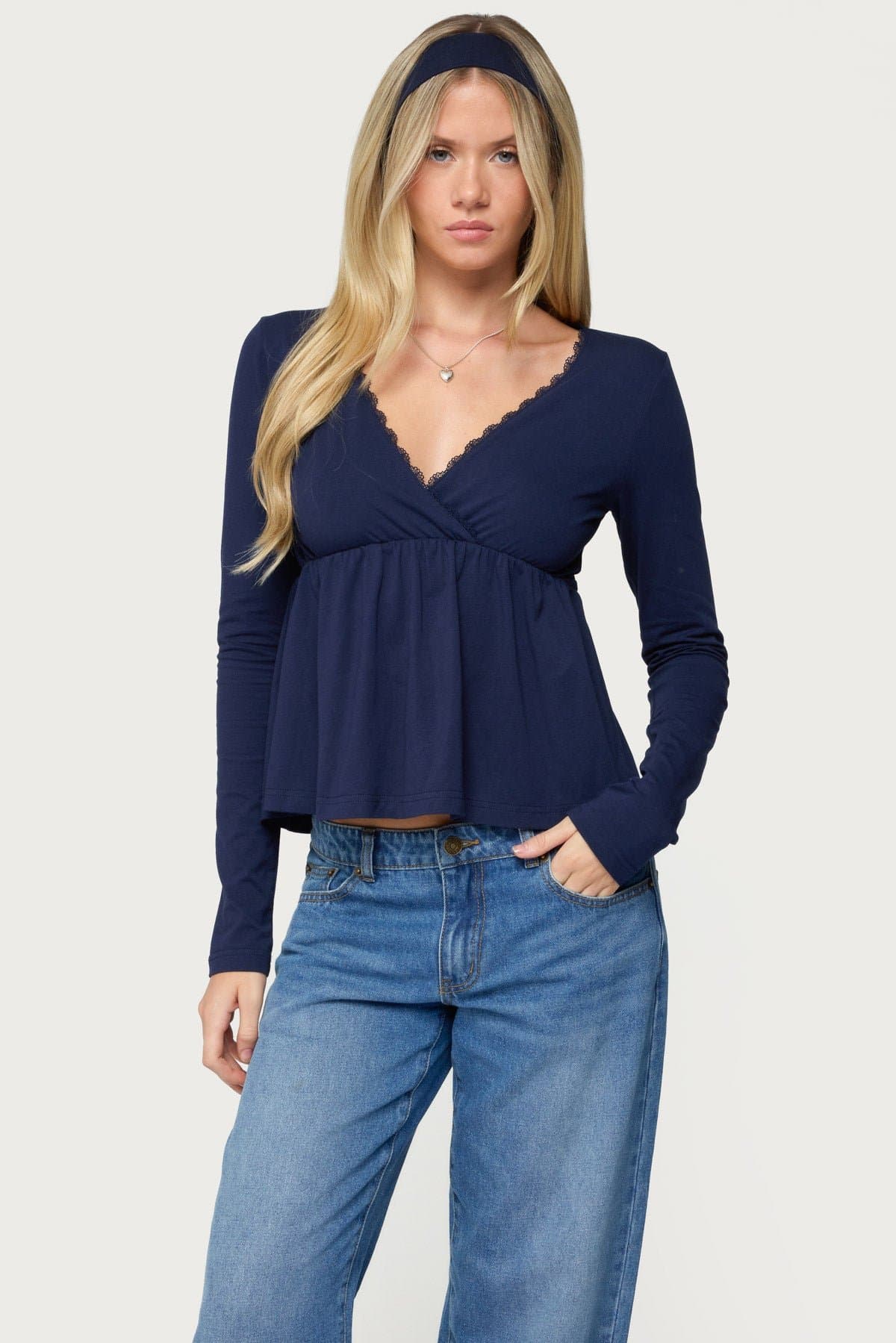 Kenzie Long Sleeve Babydoll Top V-Neck Cotton Spandex Scalloped Trim