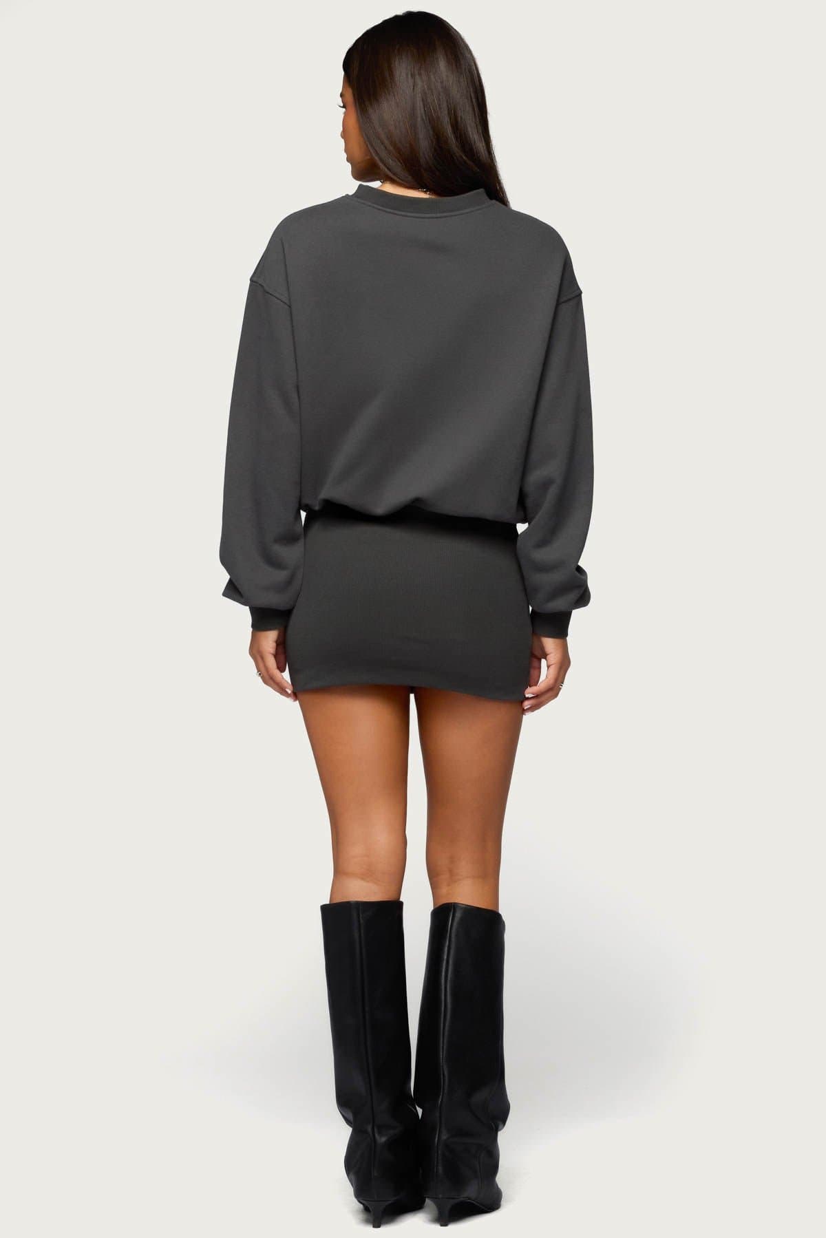 Jannah Sweatshirt Mini Dress - Long Sleeve Fitted Ribbed Cotton Polyester