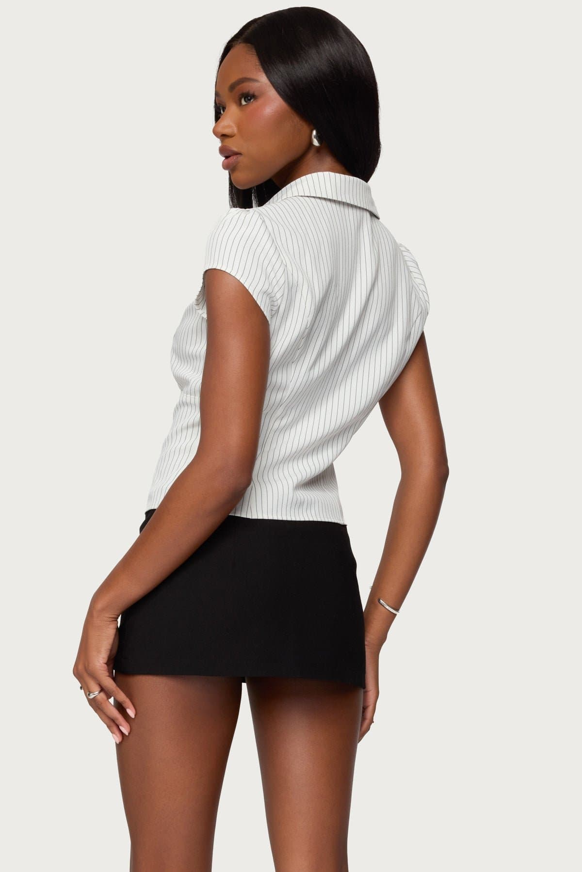 Juney Pinstripe Tailored Button Up Shirt - Cotton Polyester Spandex, Classic Collar, Underbust Ruching