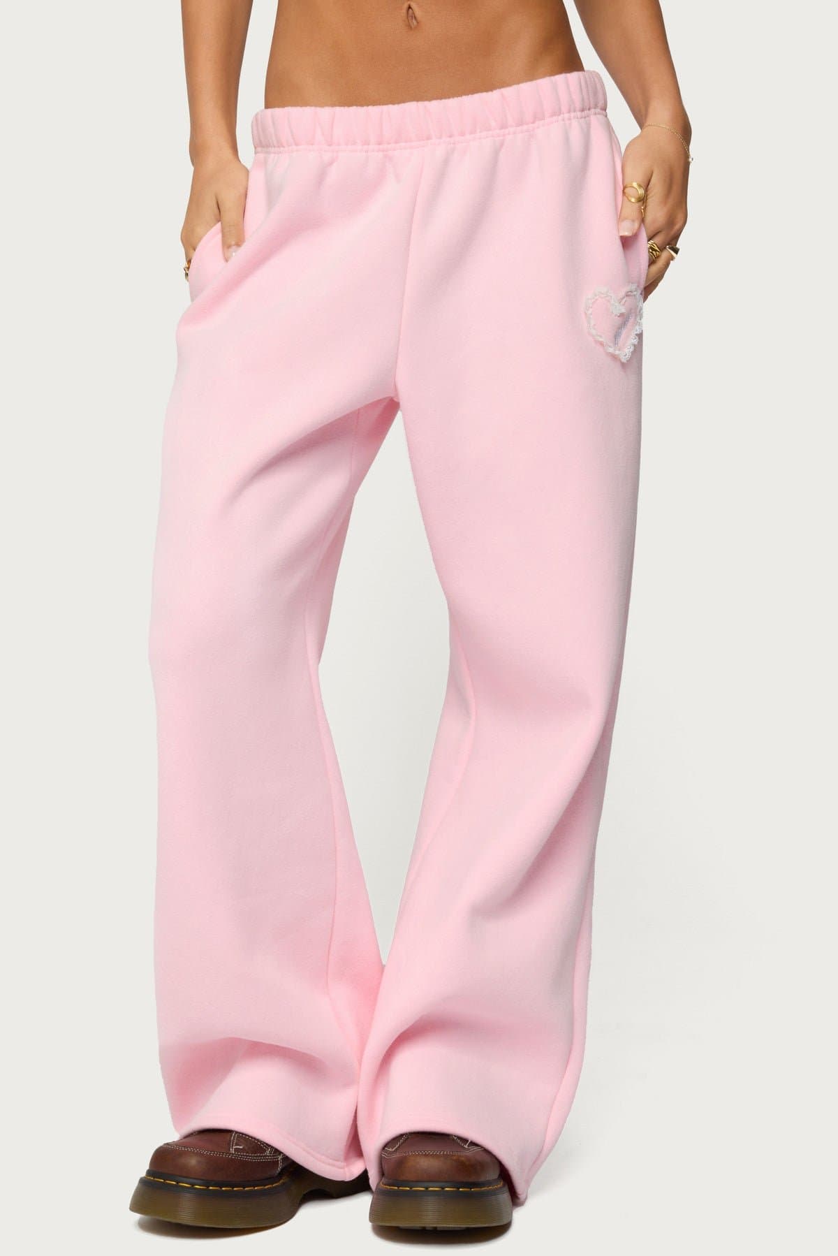 Love Edikted Wide Leg Sweatpants with Lace Heart Patch