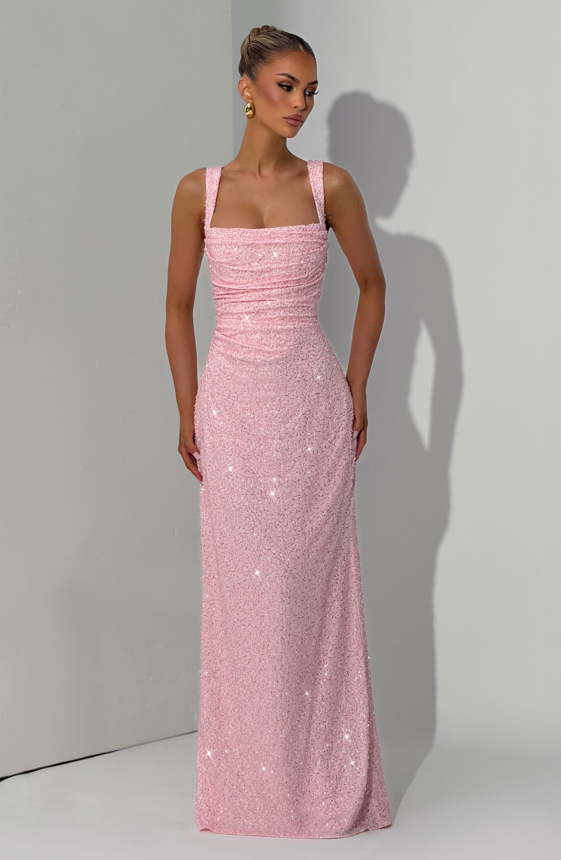 Calanthe Maxi Dress Blush Sparkle Beaded Chiffon Pleated Neckline