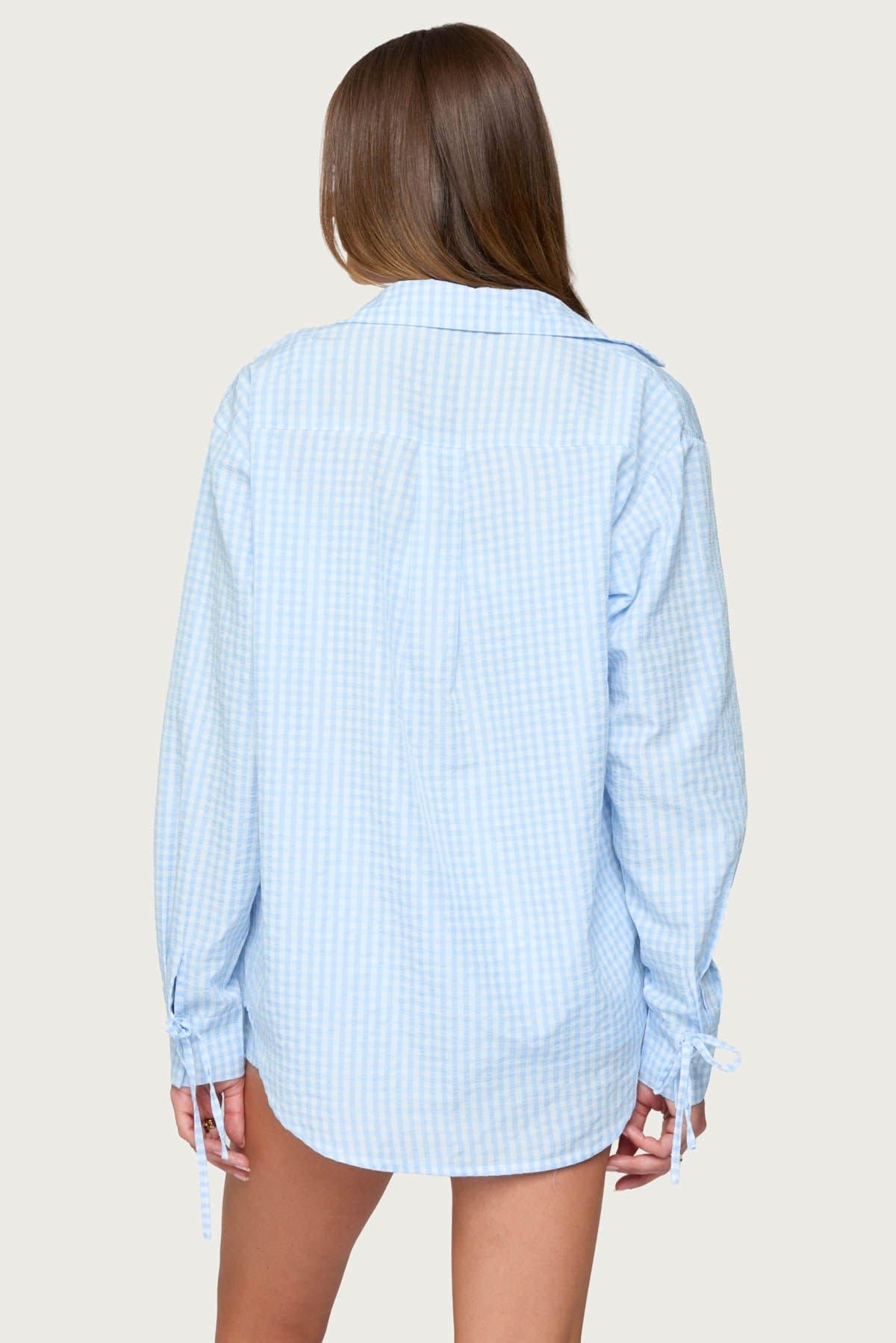 Yaffa Oversized Gingham Button Up Shirt - Polyester, Cuffed Sleeves, Classic Collar