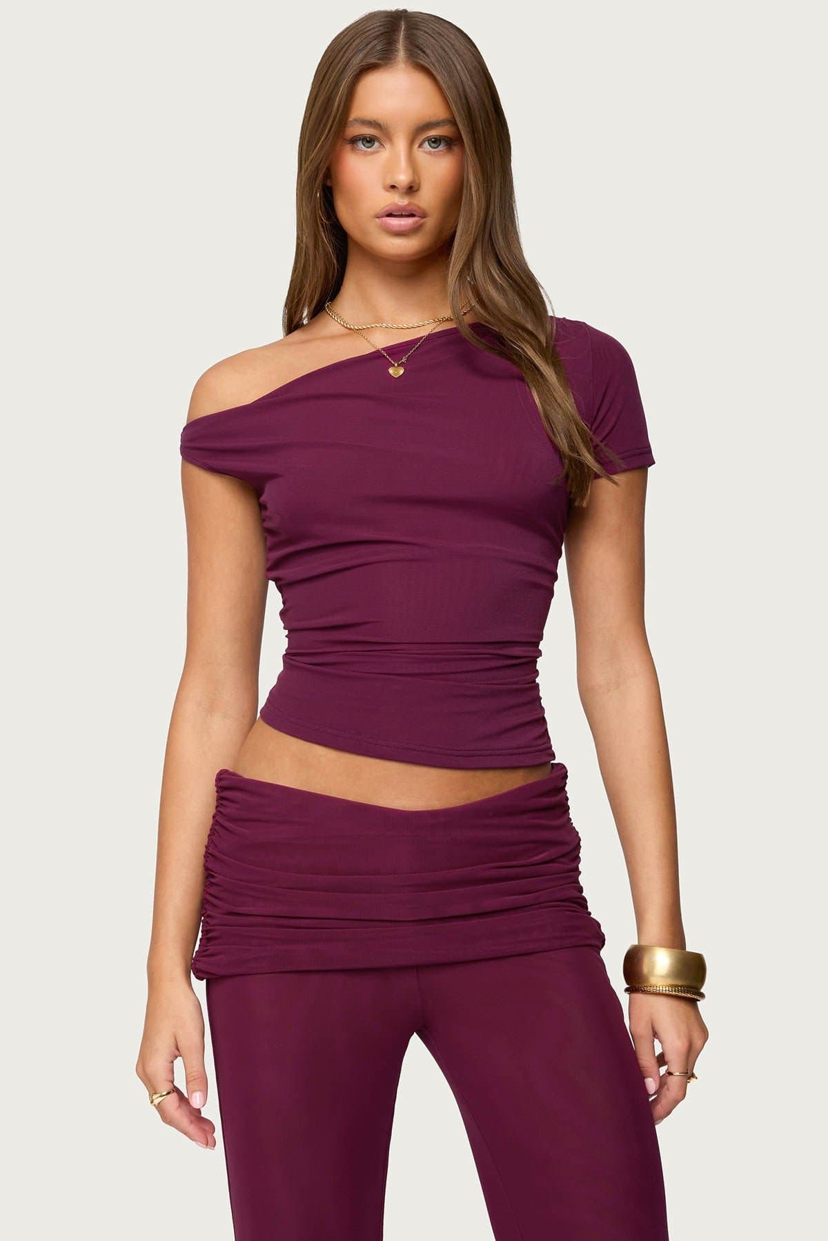 Halli Twisted Off Shoulder Top - Single Short Sleeve Mesh Nylon Spandex