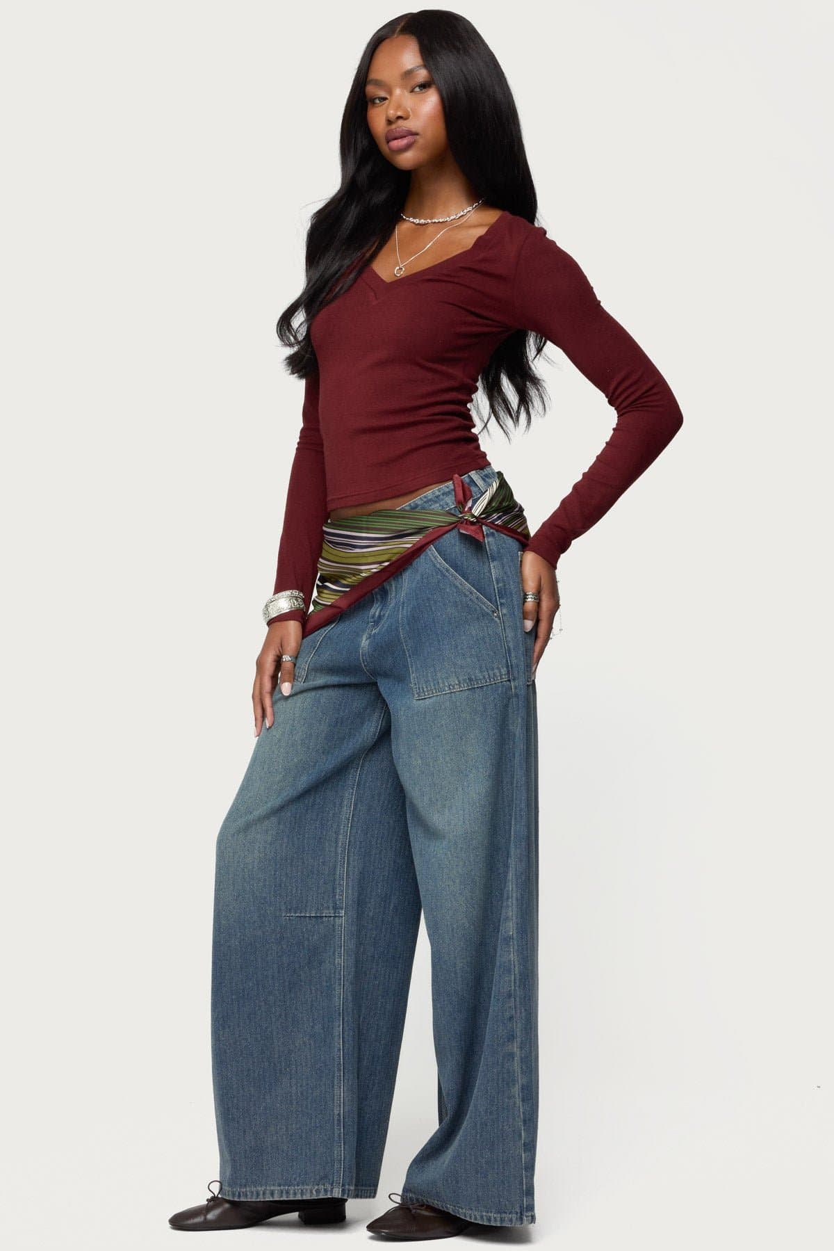 Larna V-Neck Long Sleeve Ribbed T-Shirt - Rayon Cotton Acrylic Spandex Blend