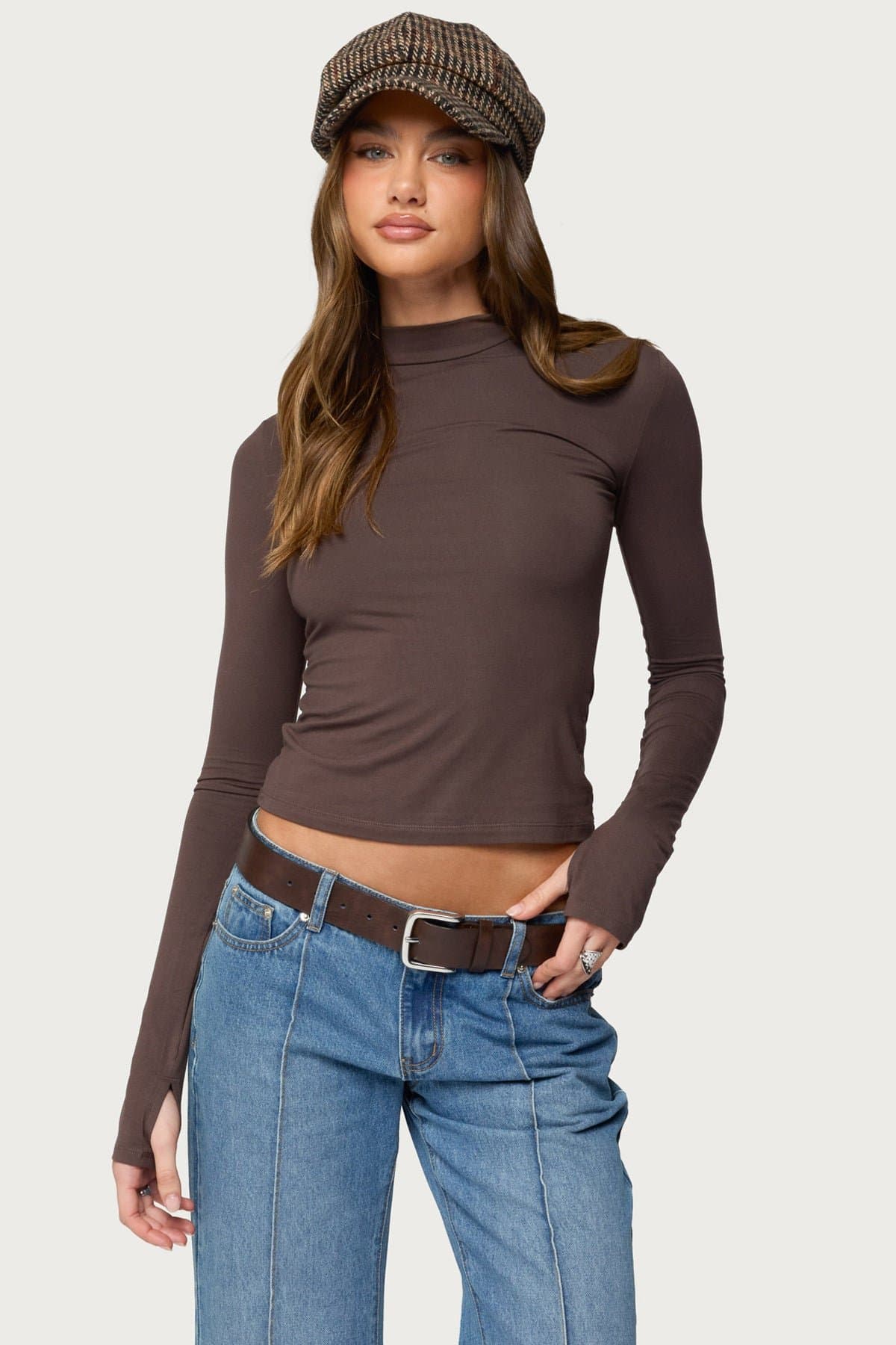 Binta Mock Neck Long Sleeve Top with Thumbholes in Rayon Spandex