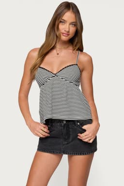 Orietta Striped Babydoll Tank Top with Adjustable Straps and Lace Trim
