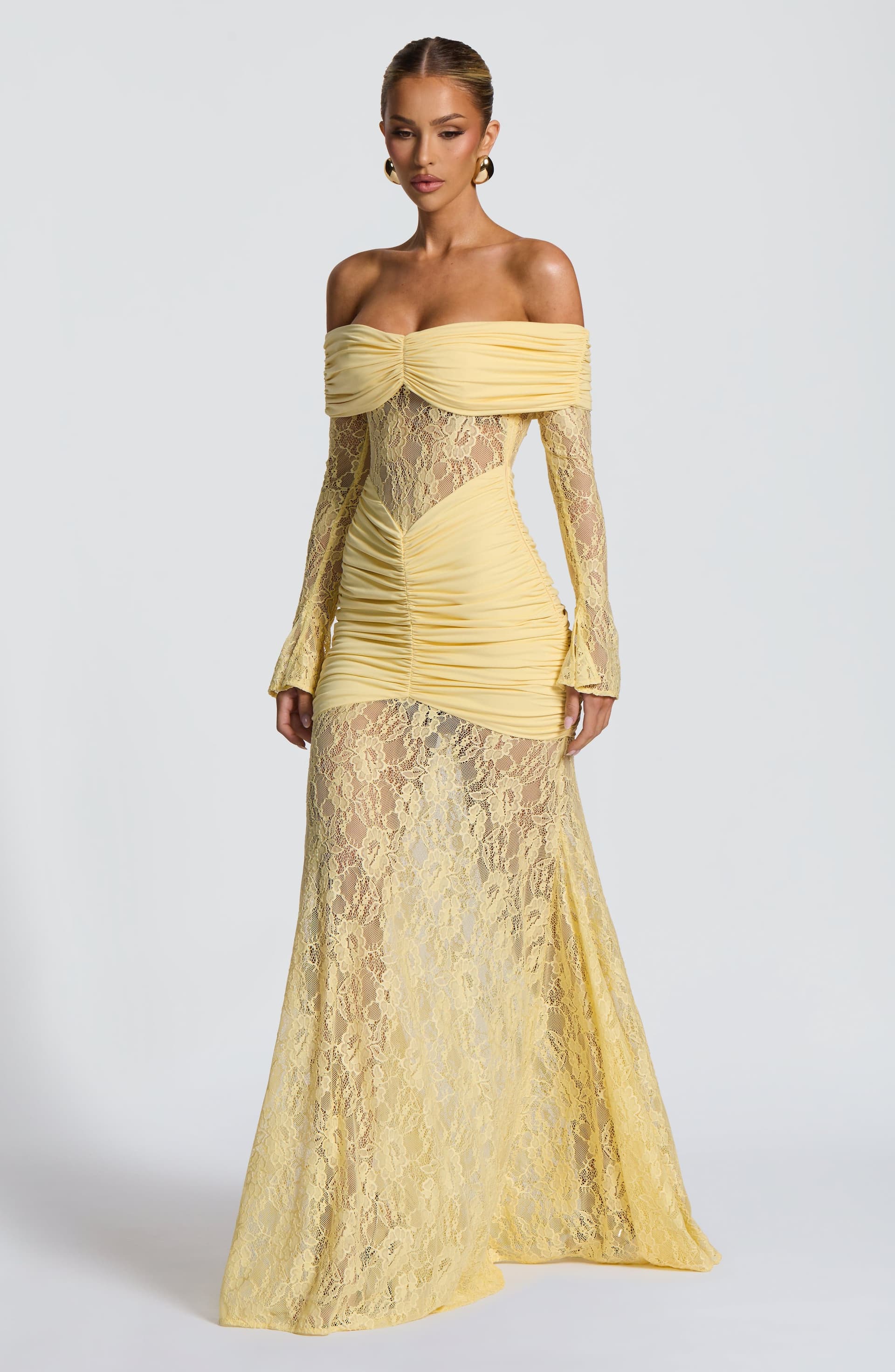 Sauline Maxi Dress in Lemon - Stretch Jersey Floral Lace Long Sleeve