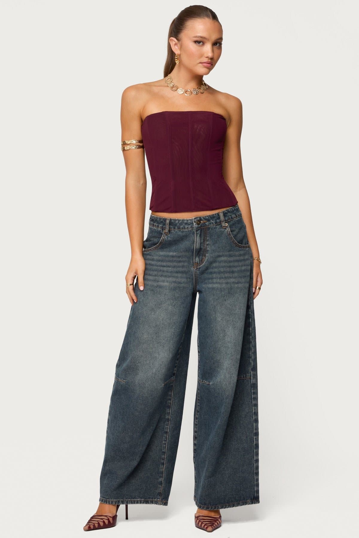 Reed Sheer Mesh Strapless Boned Corset Polyester Spandex Black