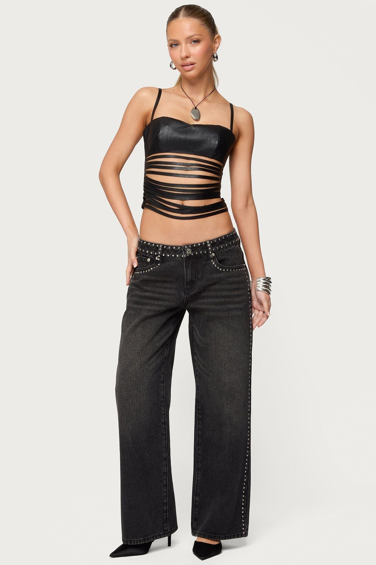 Nia Cutout Shredded Faux Leather Top with Adjustable Straps & Sweetheart Neckline