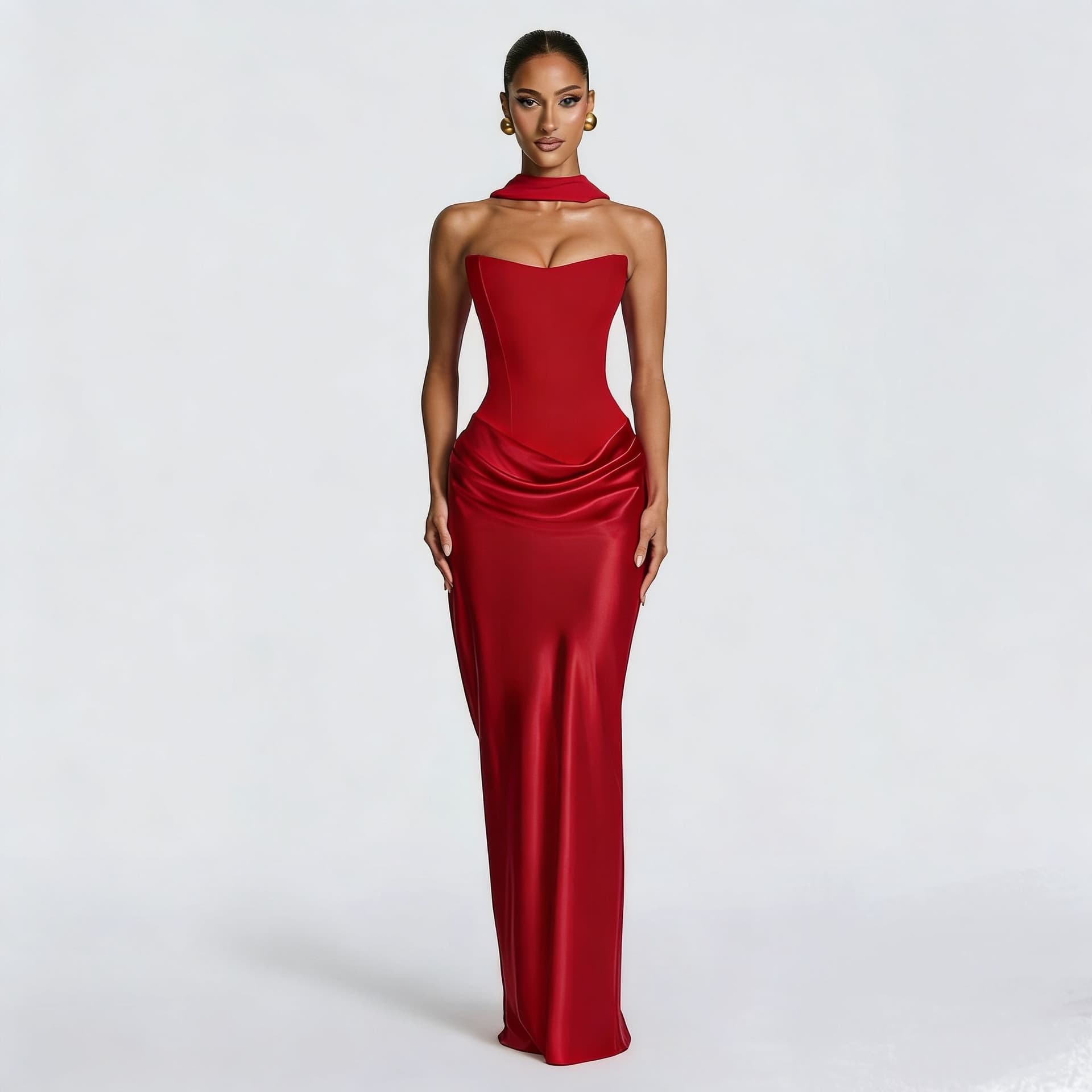  Satin Corset Halter Maxi Dress – Draped Bodycon Sweetheart Evening Gown XS-XL