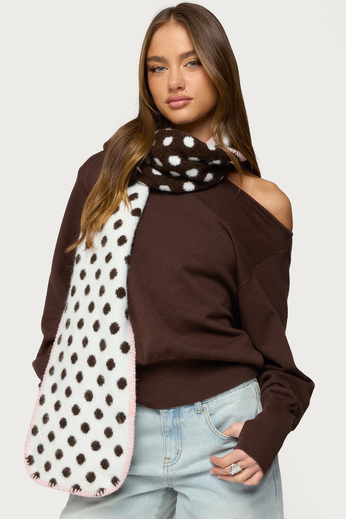 Reversible Polka Dot Scarf - Polyester Spandex, 63x8.7 Inches