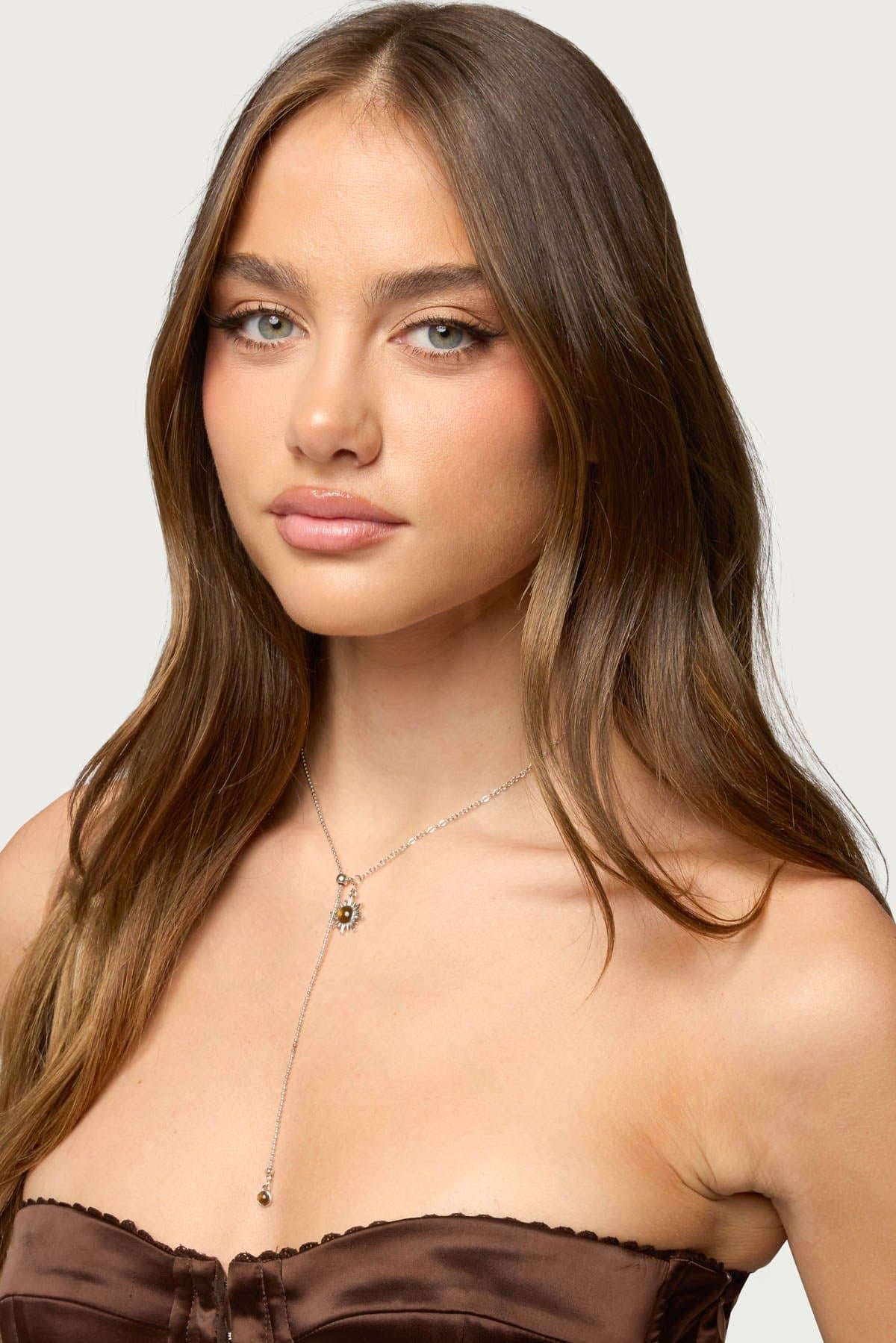 Sun Gemstone Cascading Chain Necklace - Silver Tone Metal 20.4 Inch Length