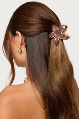 Tropical Flower Hair Clip Gold Tone Metal Resin 2.8 Inch