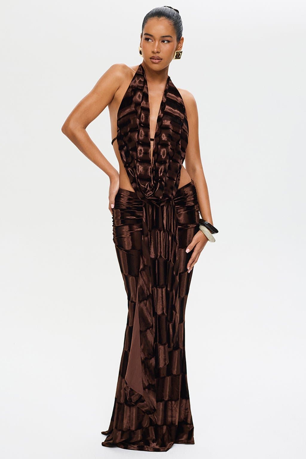 Amaya Maxi Skirt in Glossy Embossed Velvet Fit and Flare with Ruching