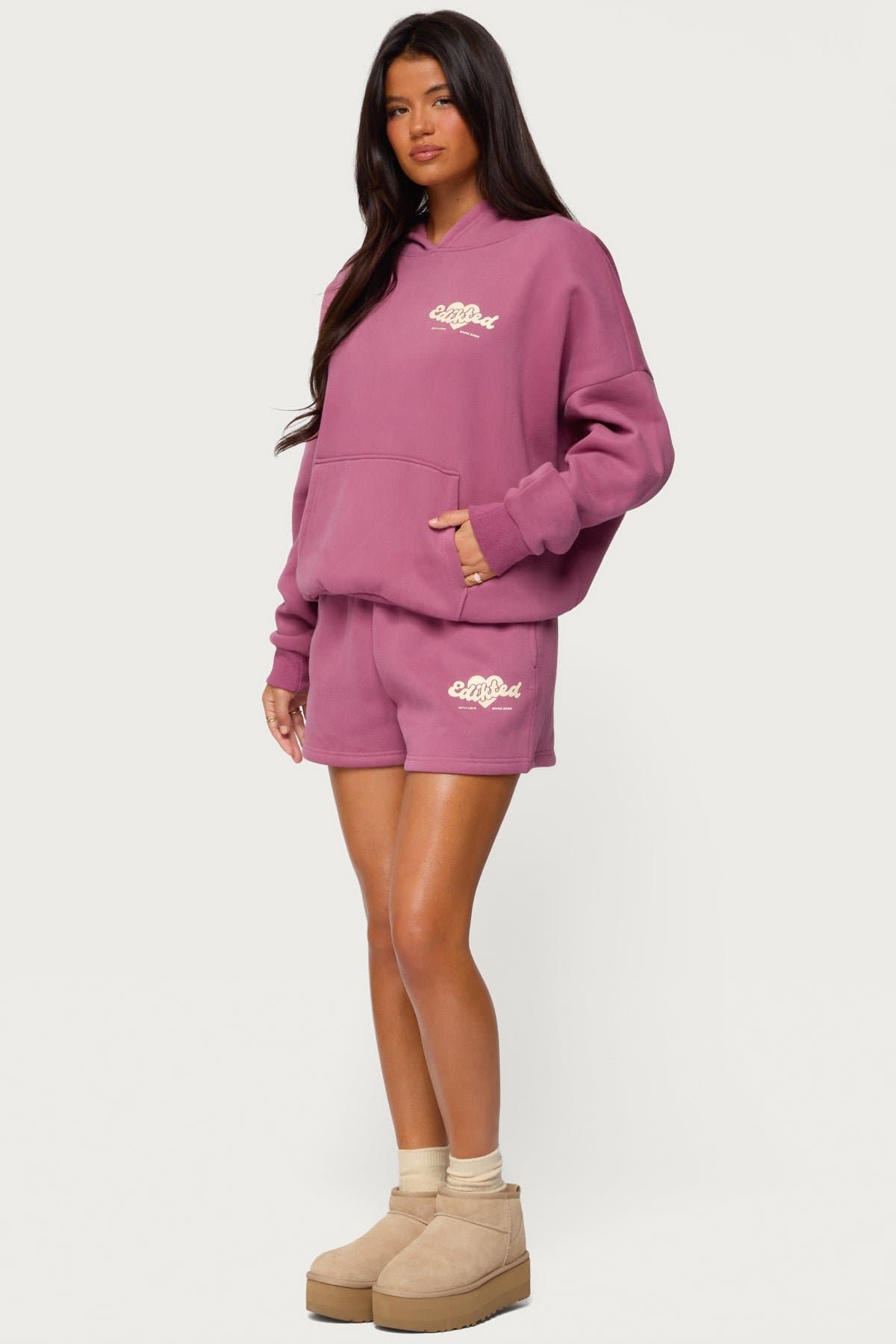 Edikted Sweat Shorts with Elastic Waistband and Heart Graphic Print