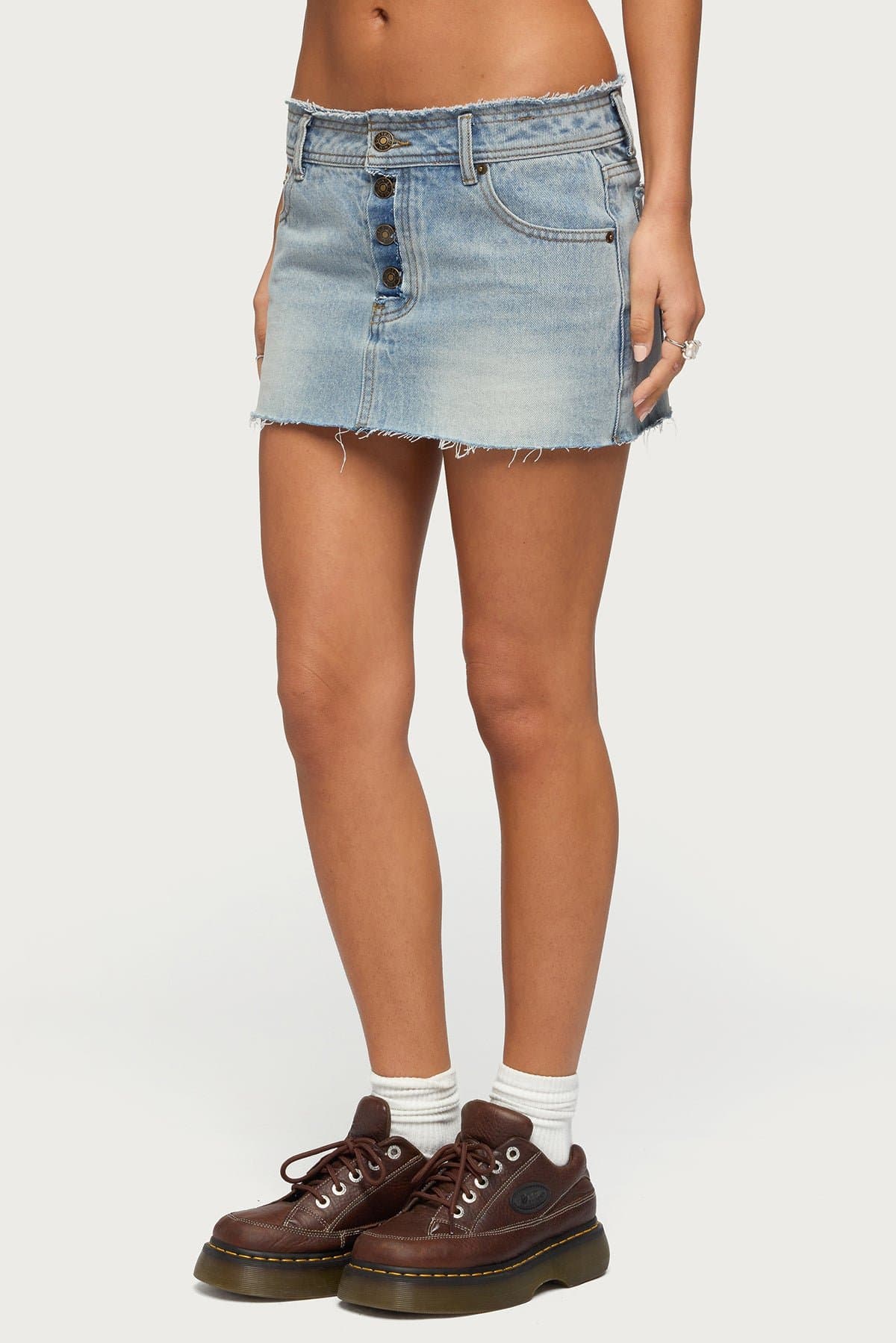 Emree Distressed Denim Mini Skirt, 100% Cotton Rigid Fabric, Exposed Button Closures