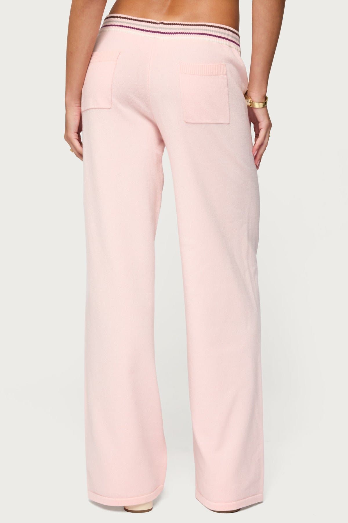 Miya Stripey Knit Pants - Striped Waistband, Button Detail, Rayon Polyester Nylon