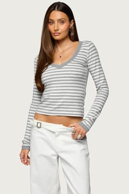 Kimi Striped Long Sleeve V Neck Top - Cotton Spandex