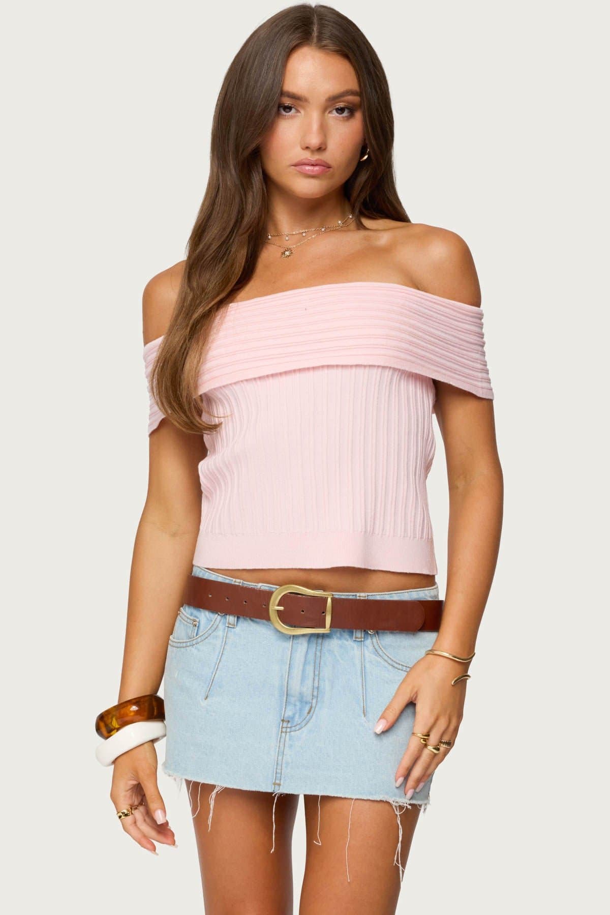 Blythe Ribbed Knit Fold Over Off Shoulder Top - Rayon Polyester Nylon