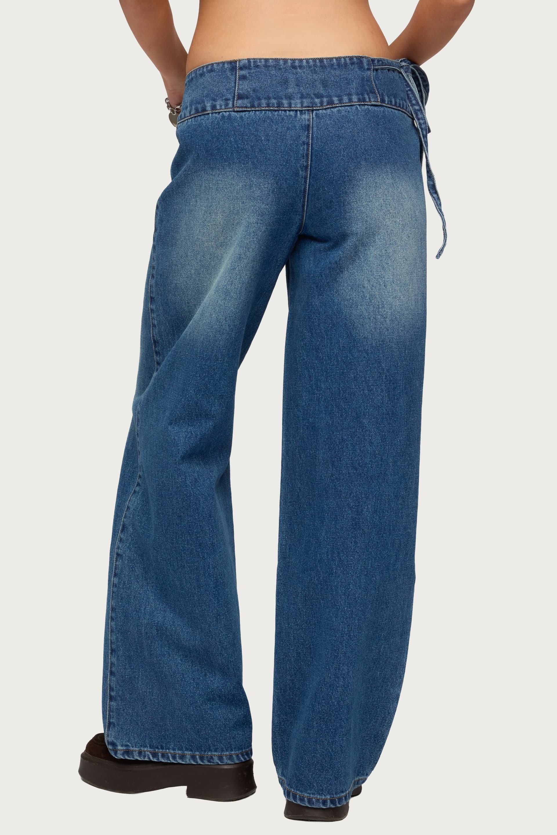Cleo Tie Waist Low Rise Baggy Jeans 100% Cotton Rigid Denim