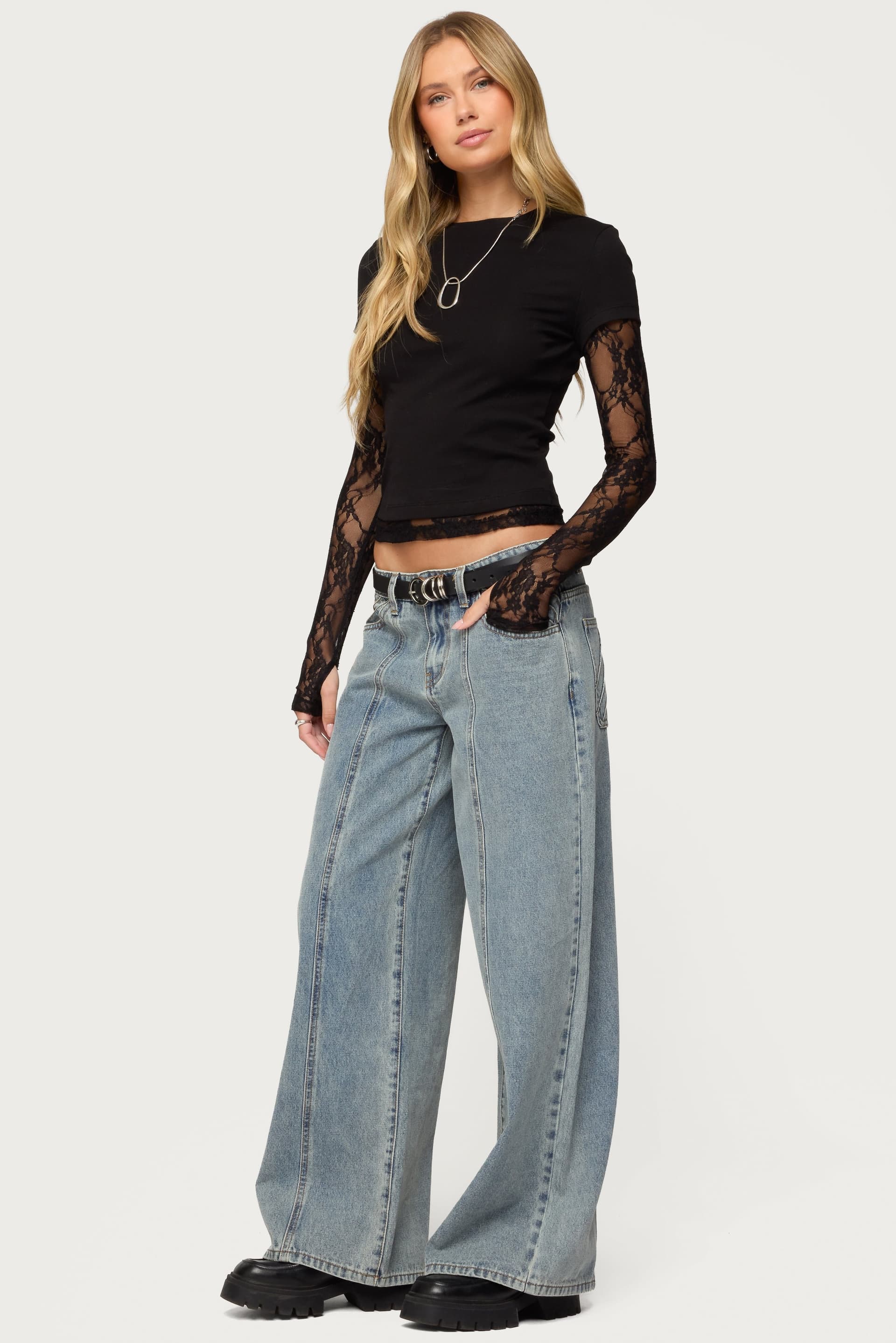 Layered Lace Sleeve Top with Sheer Long Sleeves and Thumb Holes