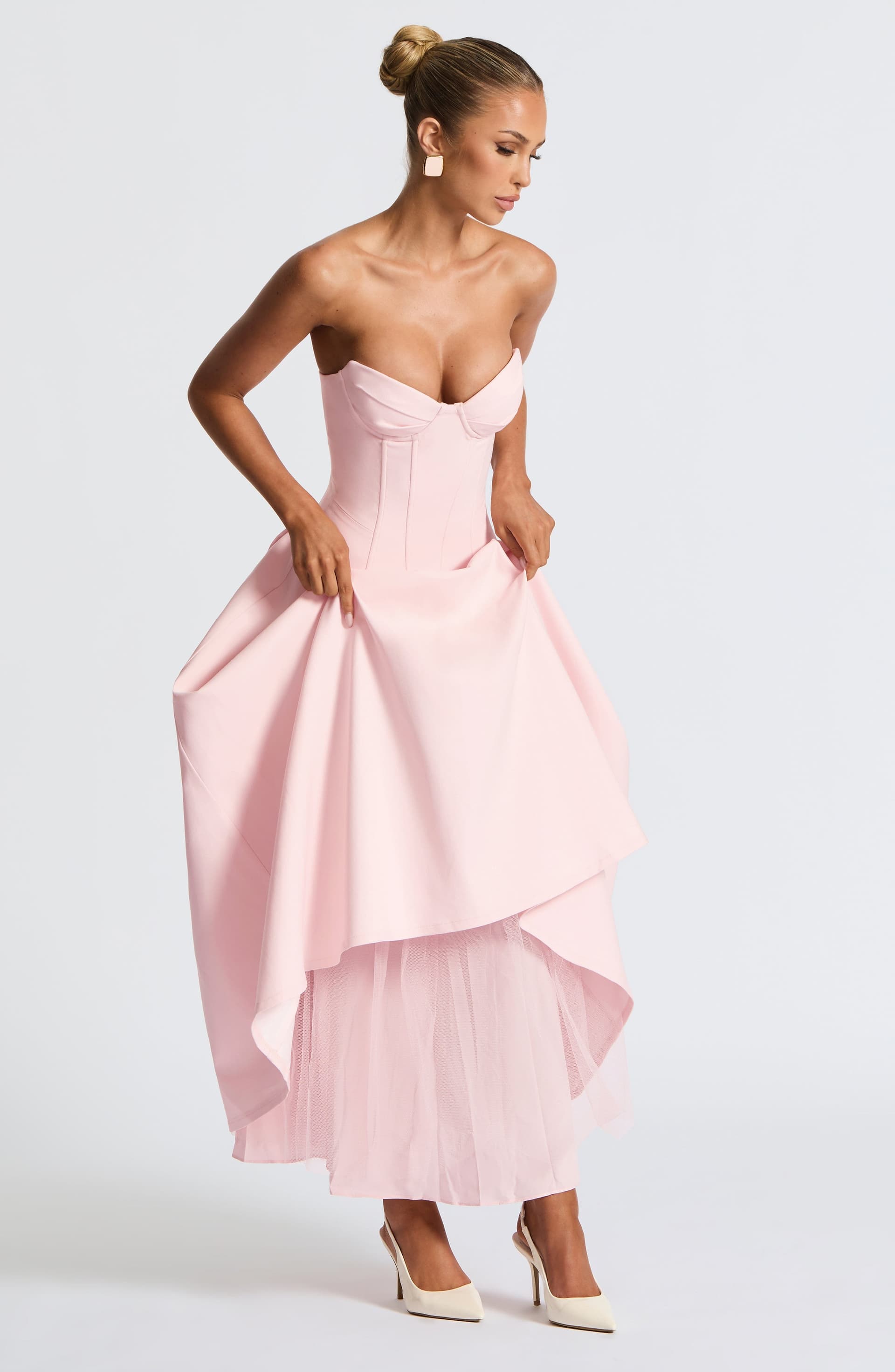 Salma Blush Stretch Bengaline Strapless Midi Dress with Pleated Skirt