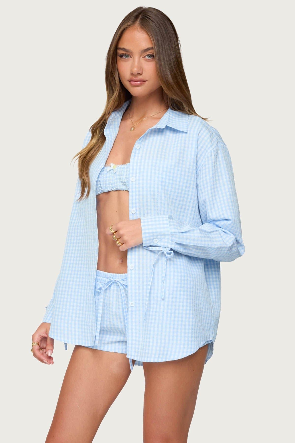Yaffa Oversized Gingham Button Up Shirt - Polyester, Cuffed Sleeves, Classic Collar